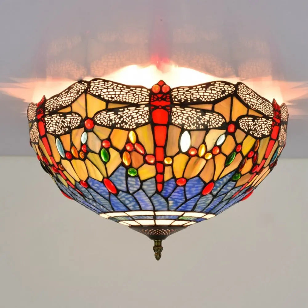 16inch Stained Glass Blue Dragonfly Lampshade Tiffany Style Ceiling Light - CTL