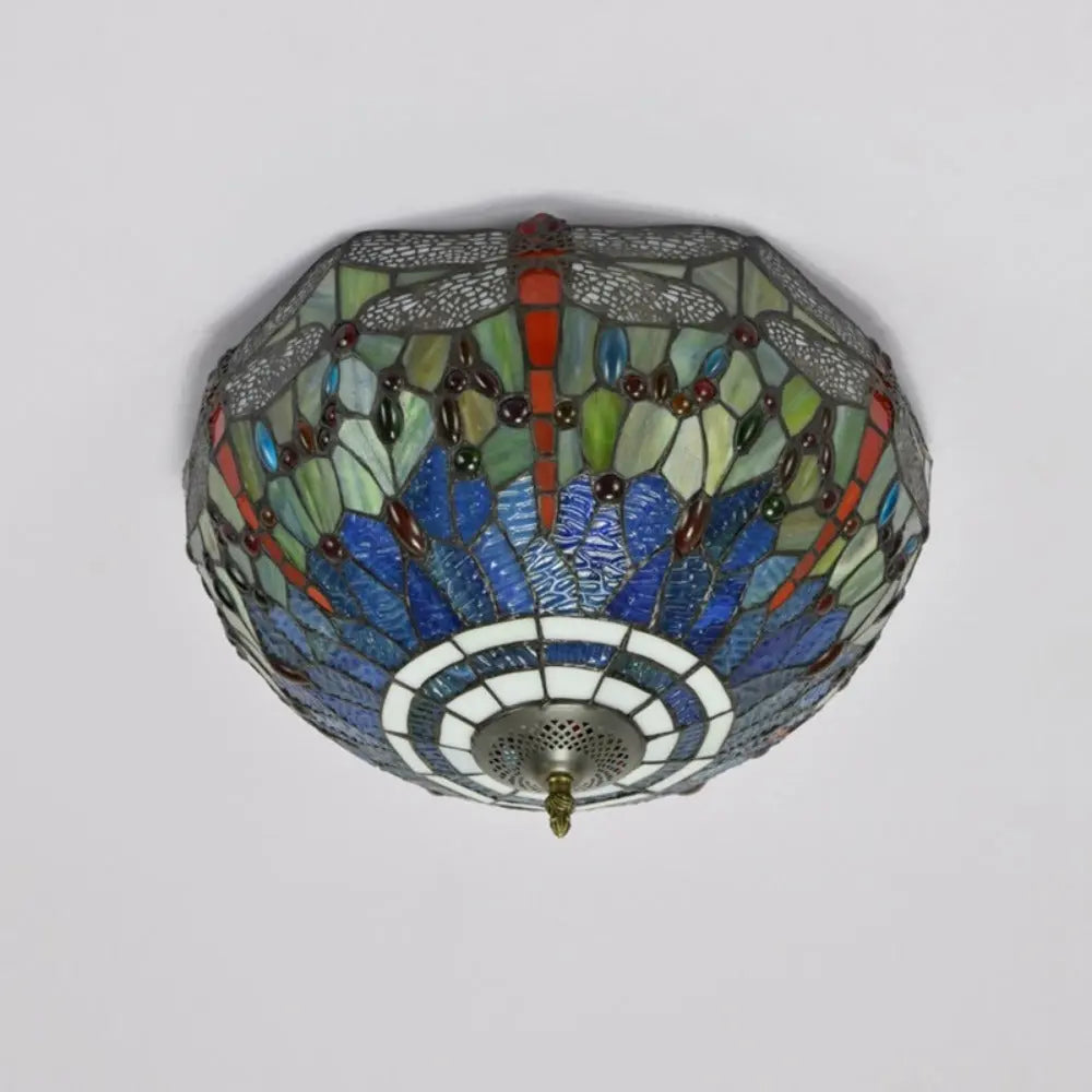 16inch Stained Glass Blue Dragonfly Lampshade Tiffany Style Ceiling Light - CTL
