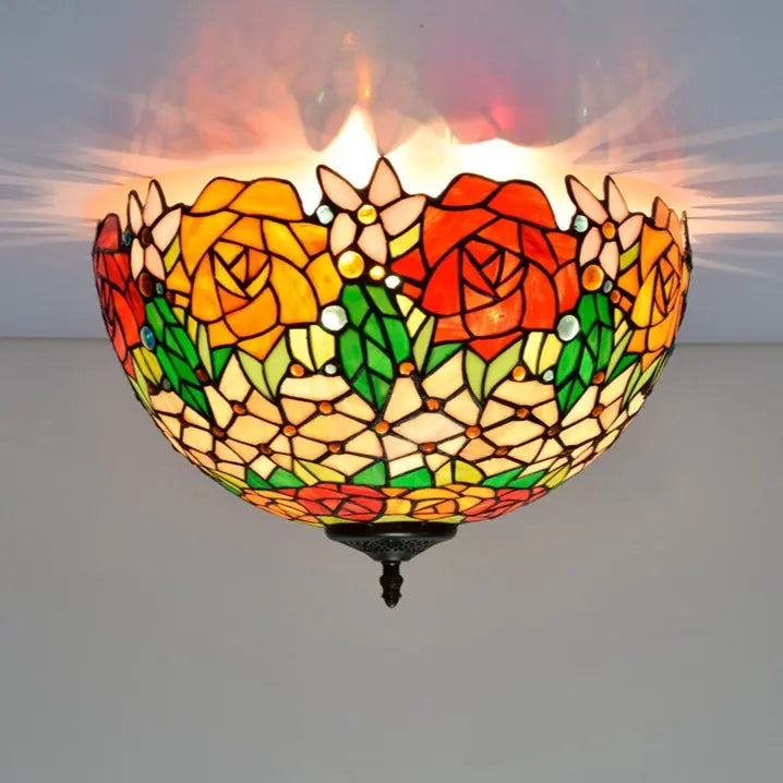 16inch Stained Glass Rose Flower Lampshade Tiffany Style Ceiling Light - CTL