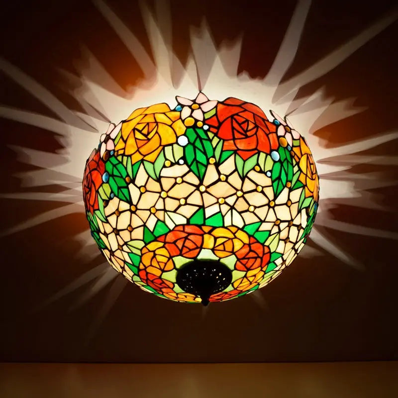 16inch Stained Glass Rose Flower Lampshade Tiffany Style Ceiling Light - CTL
