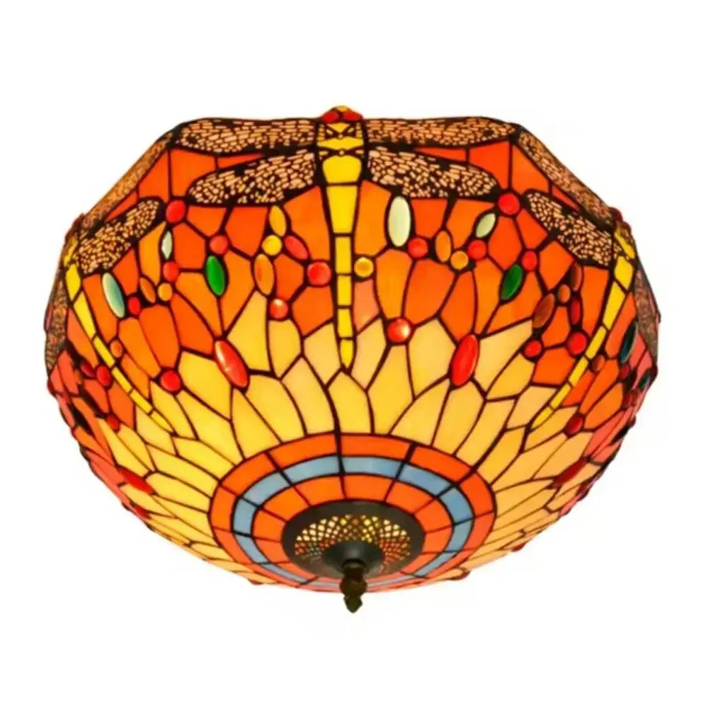 16inch Stained Glass Round Red Dragonfly Tiffany Ceiling Lamps - CTL