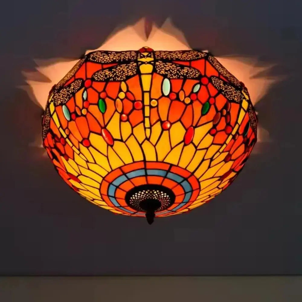 16inch Stained Glass Round Red Dragonfly Tiffany Ceiling Lamps - CTL