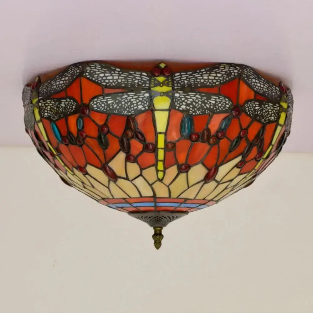 16inch Stained Glass Round Red Dragonfly Tiffany Ceiling Lamps - CTL
