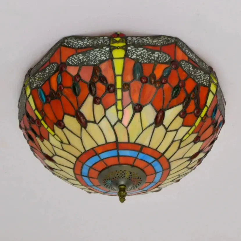 16inch Stained Glass Round Red Dragonfly Tiffany Ceiling Lamps - CTL