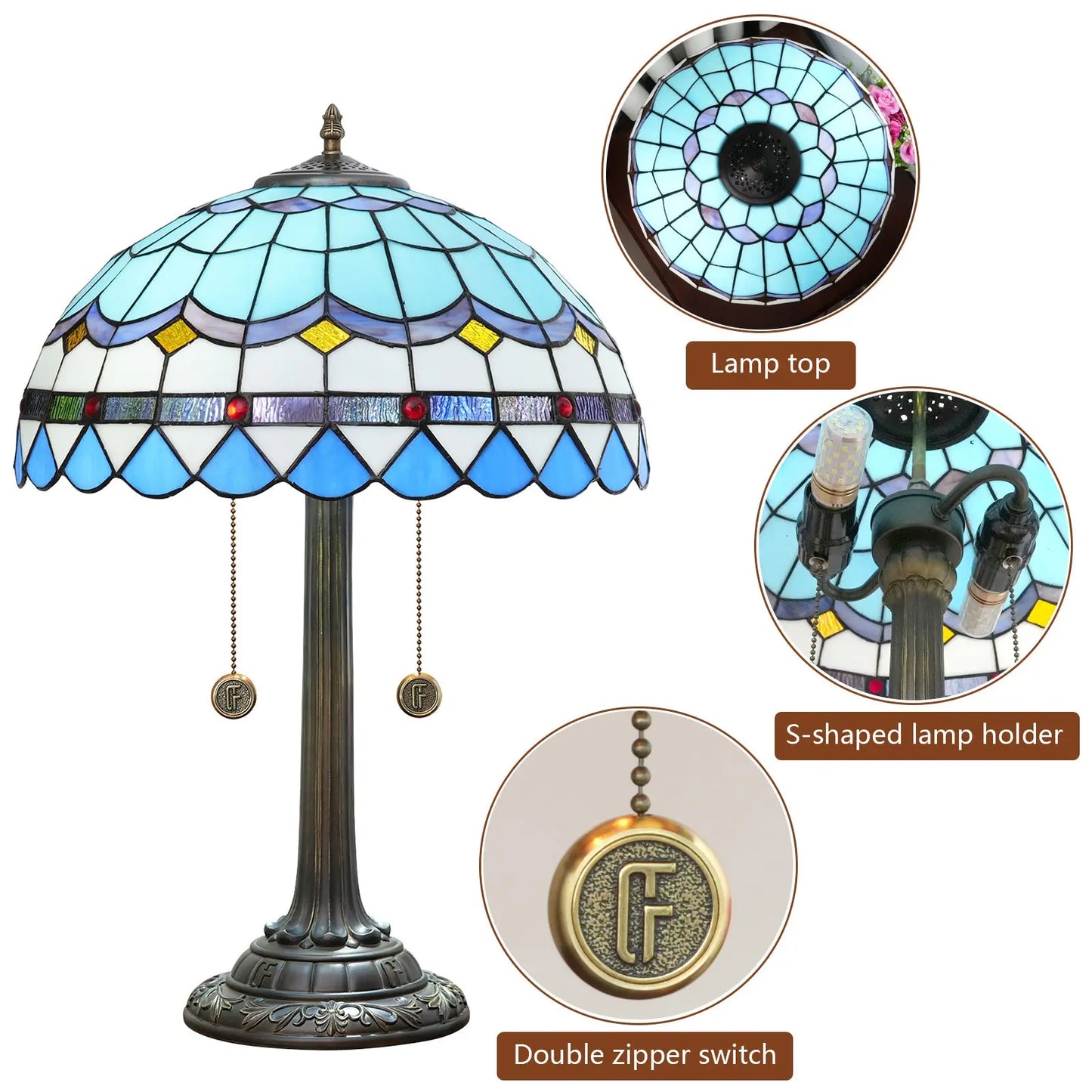 16inch Blue Tiffany Table Lamp Stained Glass Lampshade Bar Bedroom Bedside Light - CTL
