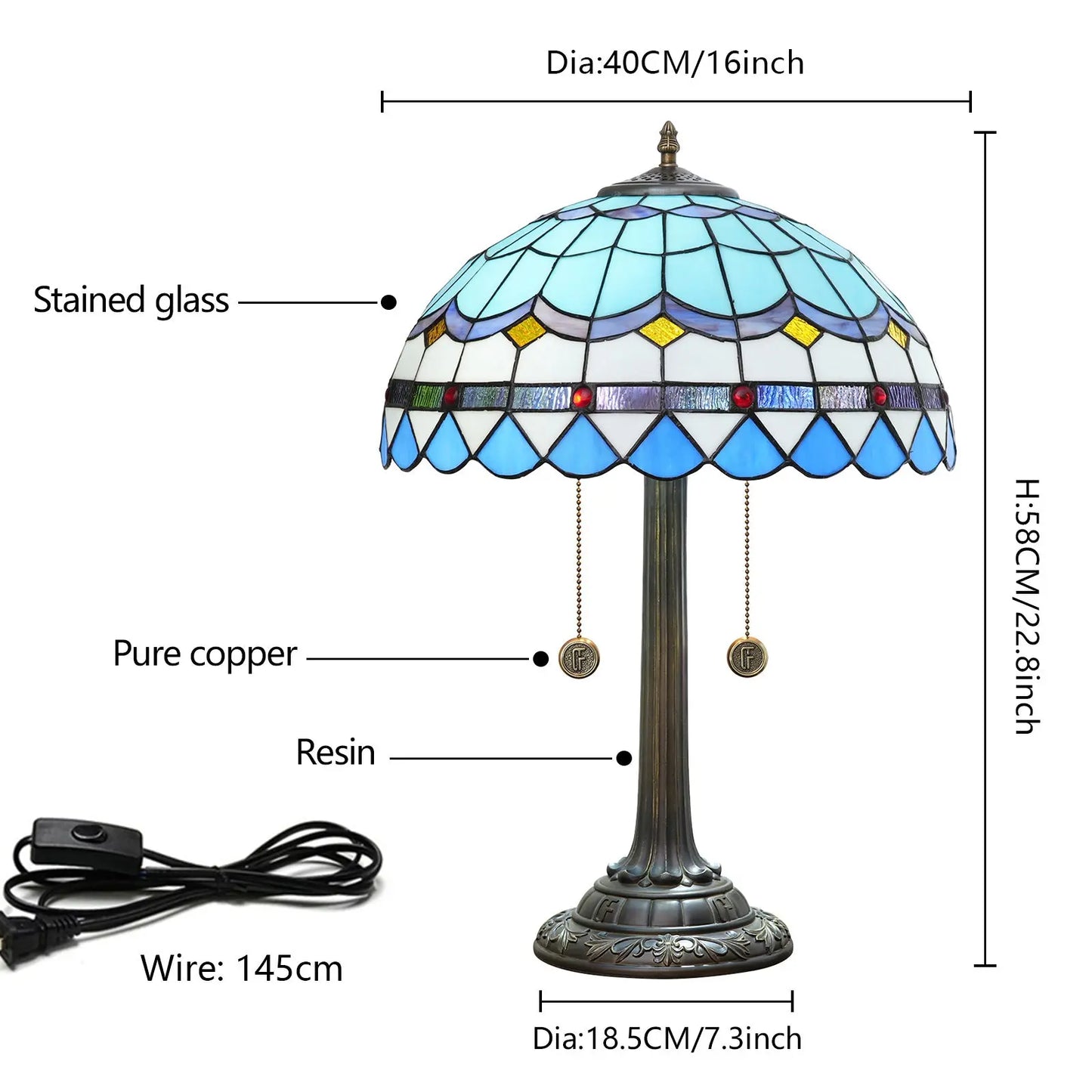 16inch Blue Tiffany Table Lamp Stained Glass Lampshade Bar Bedroom Bedside Light - CTL