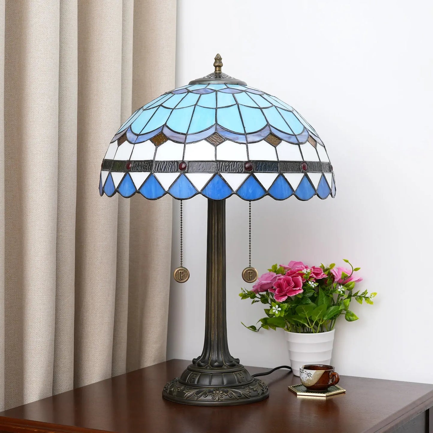 16inch Blue Tiffany Table Lamp Stained Glass Lampshade Bar Bedroom Bedside Light - CTL