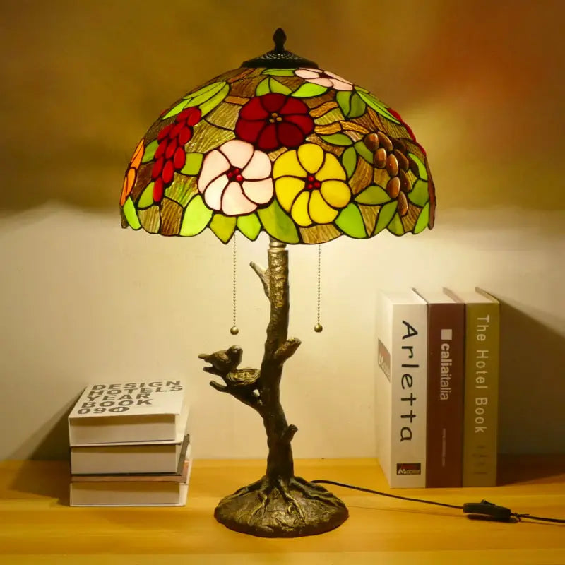 16inch Handmade Stained Glass Bird Floral Lampshade Vintage Tiffany Table Lamp - CTL