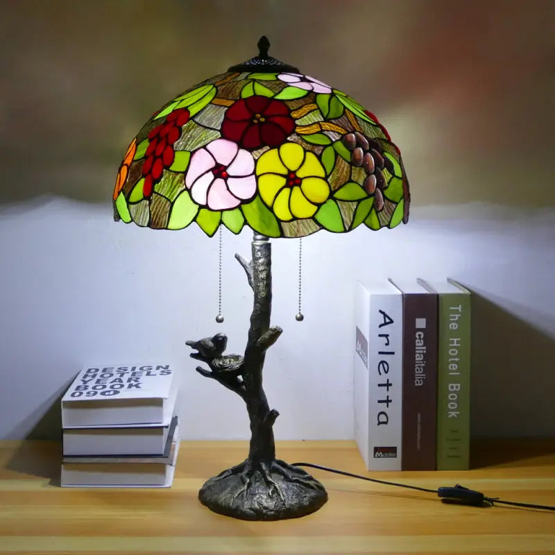 16inch Handmade Stained Glass Bird Floral Lampshade Vintage Tiffany Table Lamp - CTL