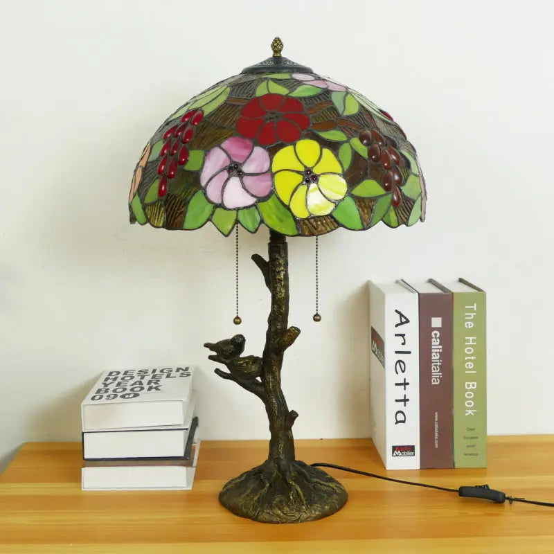 16inch Handmade Stained Glass Bird Floral Lampshade Vintage Tiffany Table Lamp - CTL