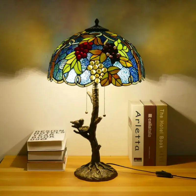 16inch Handmade Stained Glass Bird Floral Lampshade Vintage Tiffany Table Lamp - CTL