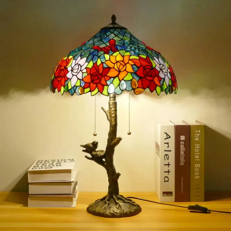 16inch Handmade Stained Glass Bird Floral Lampshade Vintage Tiffany Table Lamp - CTL