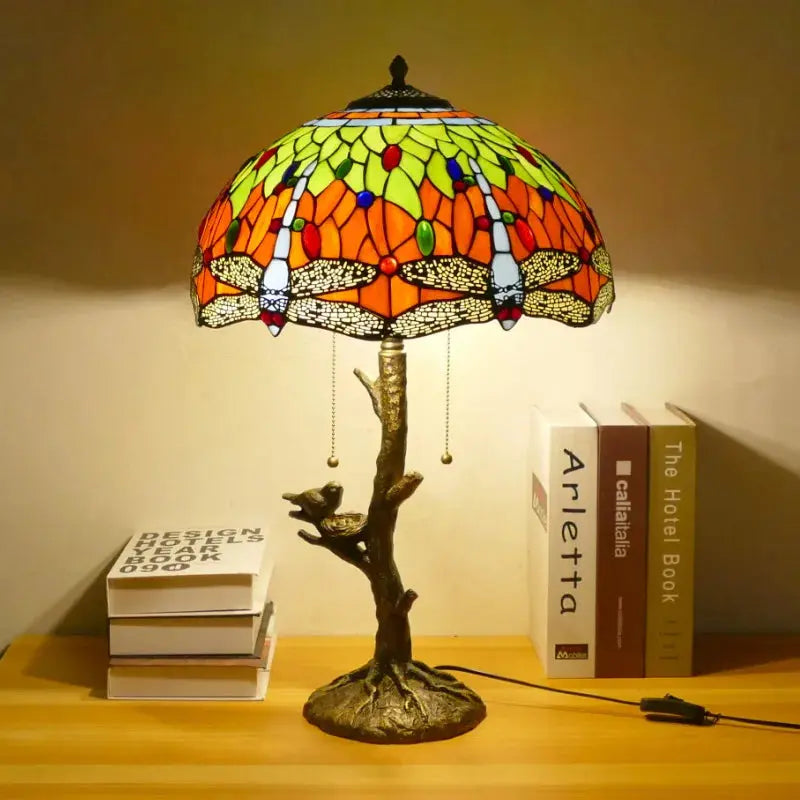 16inch Handmade Stained Glass Bird Floral Lampshade Vintage Tiffany Table Lamp - CTL