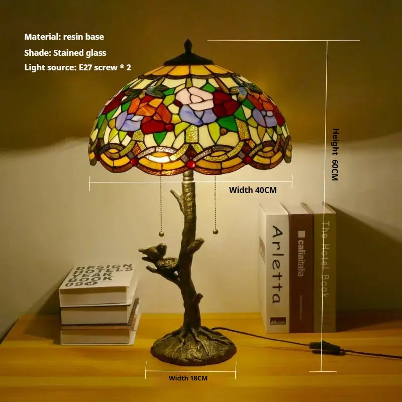 16inch Handmade Stained Glass Bird Floral Lampshade Vintage Tiffany Table Lamp - CTL