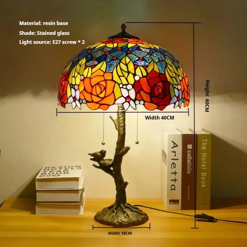16inch Handmade Stained Glass Bird Floral Lampshade Vintage Tiffany Table Lamp - CTL