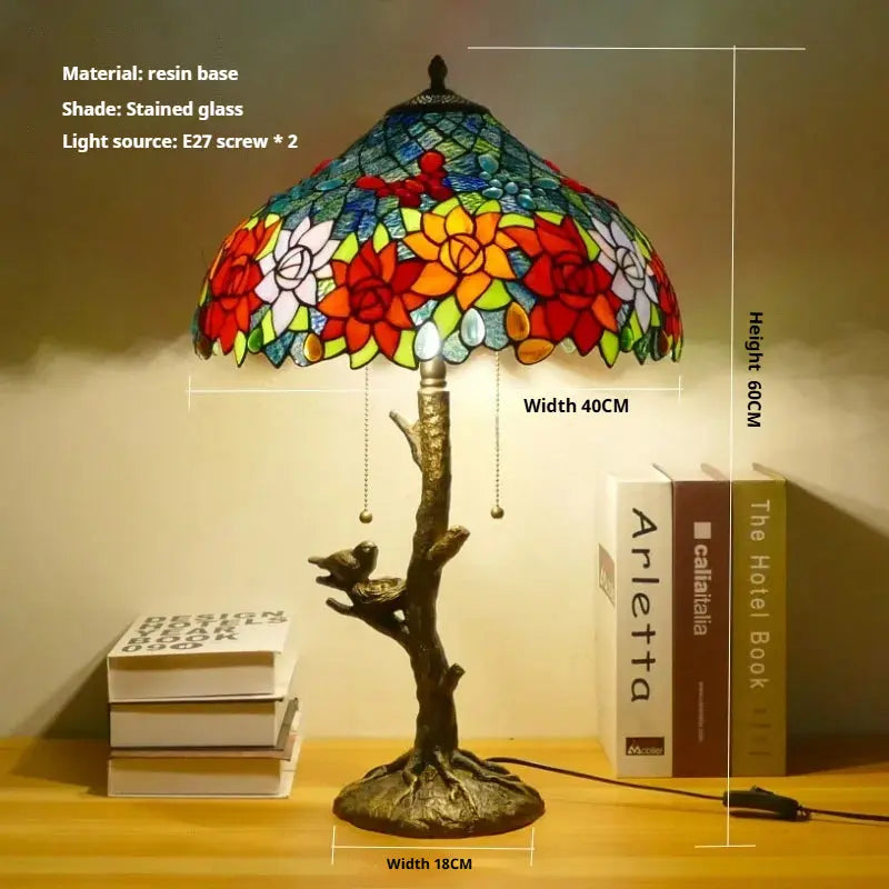 16inch Handmade Stained Glass Bird Floral Lampshade Vintage Tiffany Table Lamp - CTL