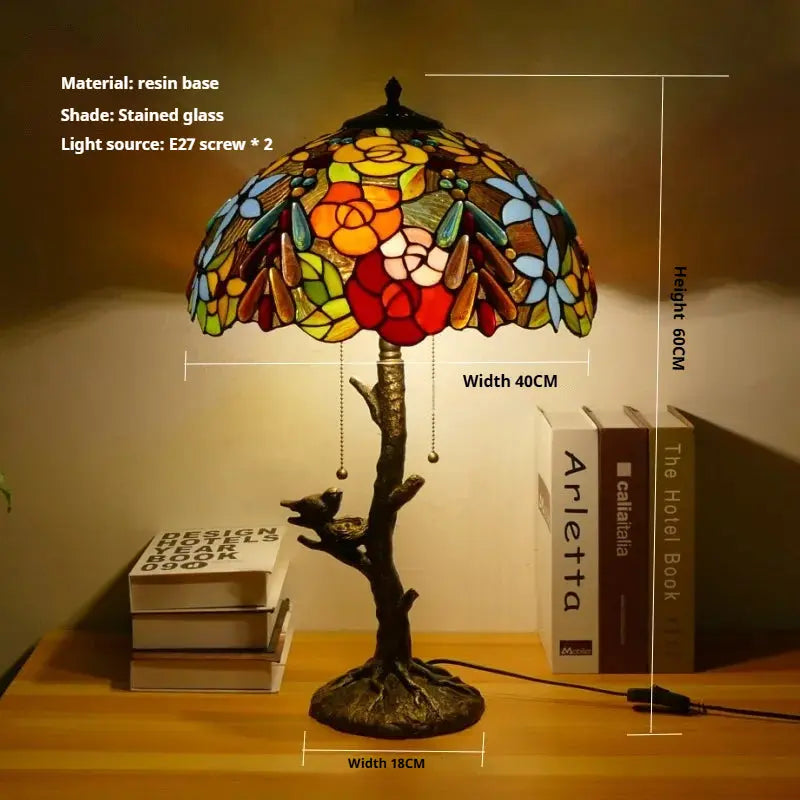 16inch Handmade Stained Glass Bird Floral Lampshade Vintage Tiffany Table Lamp - CTL