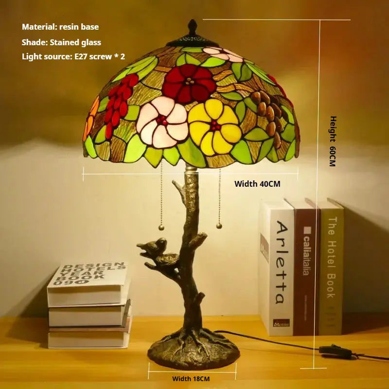 16inch Handmade Stained Glass Bird Floral Lampshade Vintage Tiffany Table Lamp - CTL
