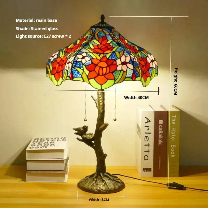 16inch Handmade Stained Glass Bird Floral Lampshade Vintage Tiffany Table Lamp - CTL