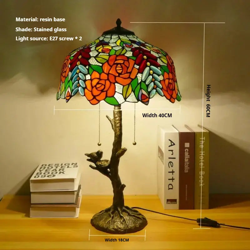 16inch Handmade Stained Glass Bird Floral Lampshade Vintage Tiffany Table Lamp - CTL