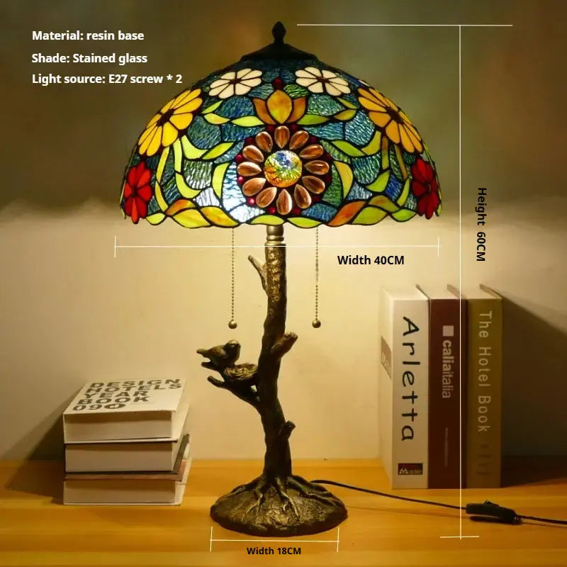 16inch Handmade Stained Glass Bird Floral Lampshade Vintage Tiffany Table Lamp - CTL