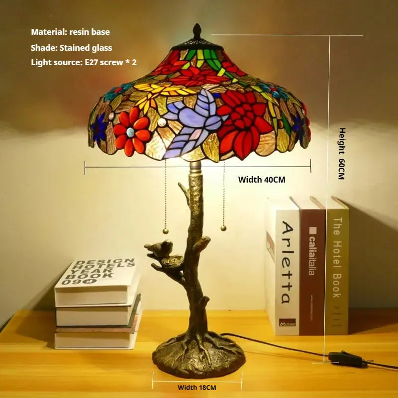 16inch Handmade Stained Glass Bird Floral Lampshade Vintage Tiffany Table Lamp - CTL