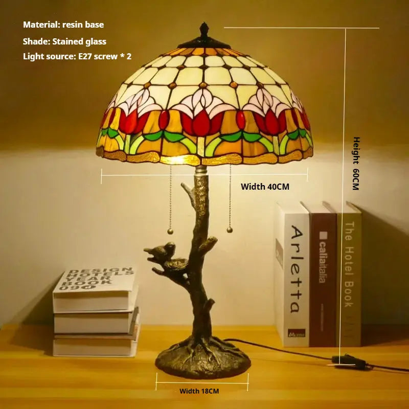 16inch Handmade Stained Glass Bird Floral Lampshade Vintage Tiffany Table Lamp - CTL