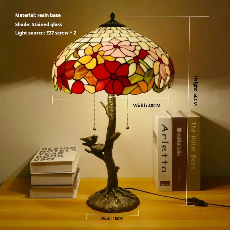 16inch Handmade Stained Glass Bird Floral Lampshade Vintage Tiffany Table Lamp - CTL
