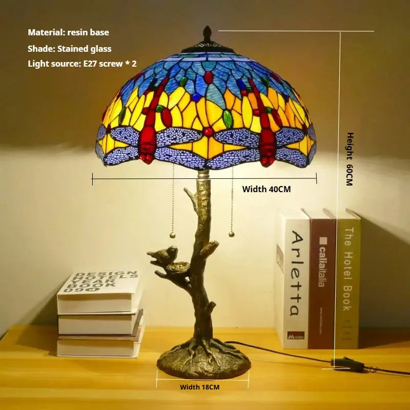 16inch Handmade Stained Glass Bird Floral Lampshade Vintage Tiffany Table Lamp - CTL