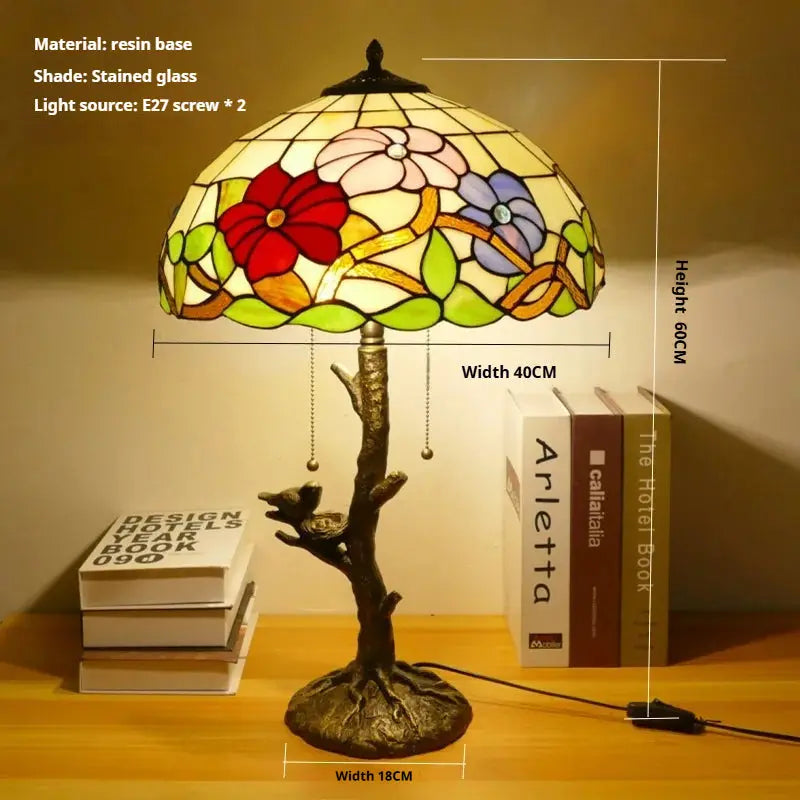 16inch Handmade Stained Glass Bird Floral Lampshade Vintage Tiffany Table Lamp - CTL