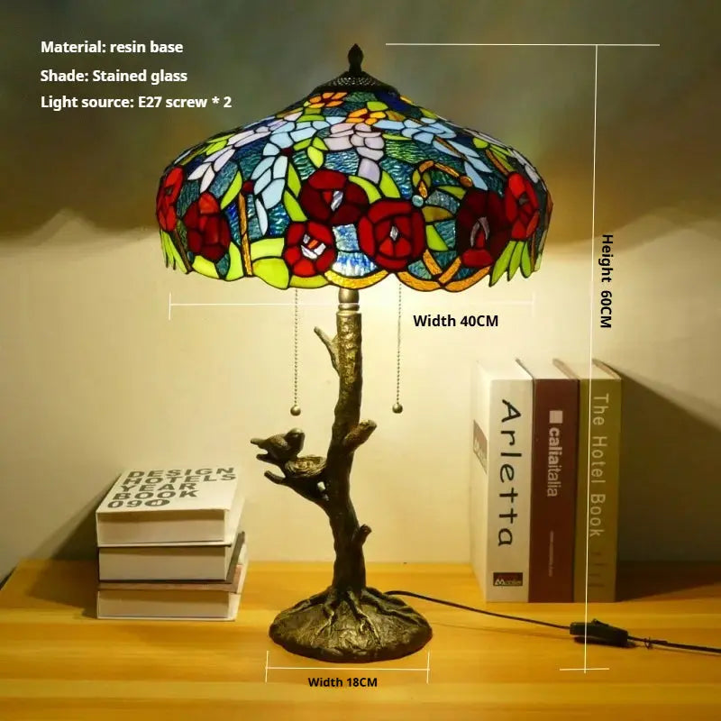 16inch Handmade Stained Glass Bird Floral Lampshade Vintage Tiffany Table Lamp - CTL
