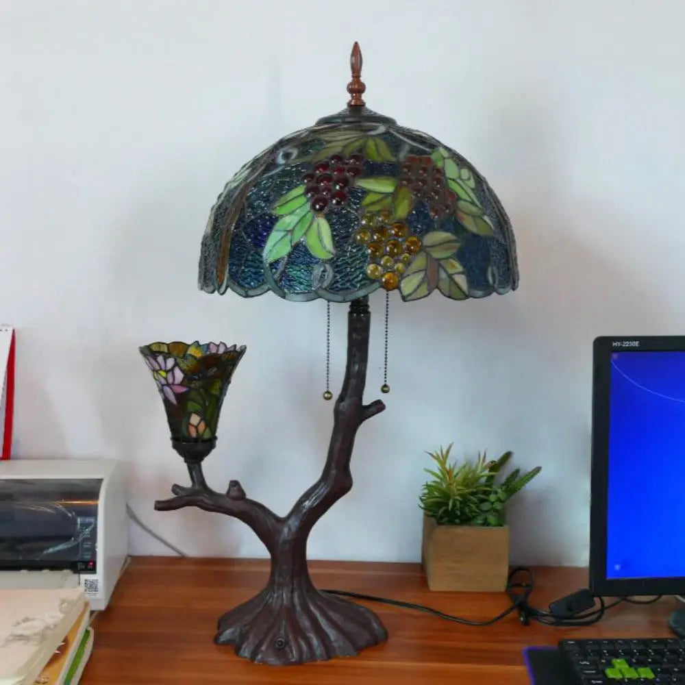 16inch Luxury Double Head Tiffany Stained Glass Grape Lampshade Vintage Desk Lamp - CTL