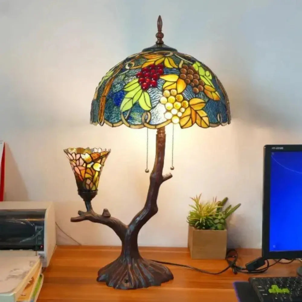16inch Luxury Double Head Tiffany Stained Glass Grape Lampshade Vintage Desk Lamp - CTL