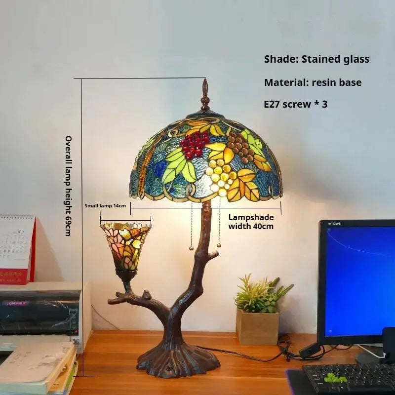 16inch Luxury Double Head Tiffany Stained Glass Grape Lampshade Vintage Desk Lamp - CTL