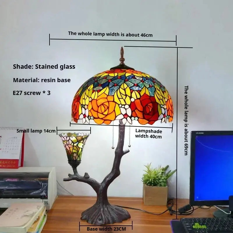 16inch Luxury Double Head Tiffany Stained Glass Grape Lampshade Vintage Desk Lamp - CTL