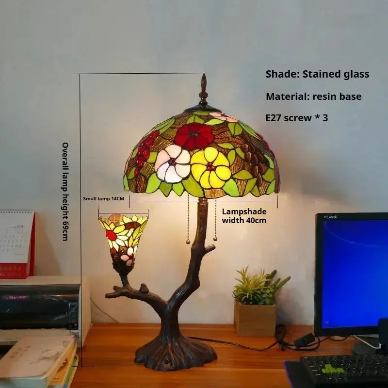 16inch Luxury Double Head Tiffany Stained Glass Grape Lampshade Vintage Desk Lamp - CTL