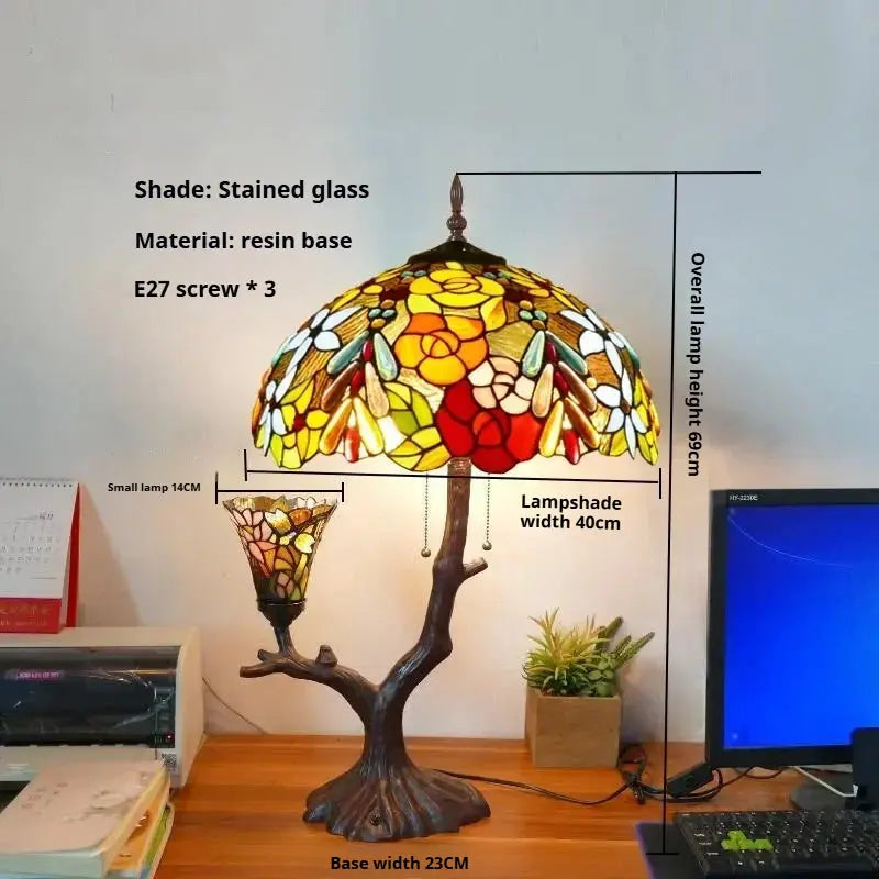 16inch Luxury Double Head Tiffany Stained Glass Grape Lampshade Vintage Desk Lamp - CTL