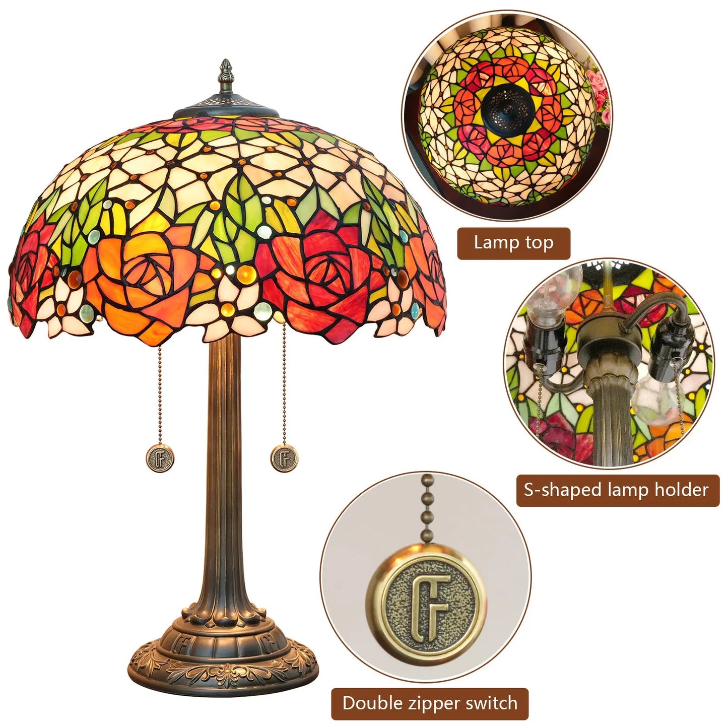 16inch Stained Glass Beautiful Rose Lampshade Bar Bedroom Bedside Light Tiffany Table Lamp - CTL