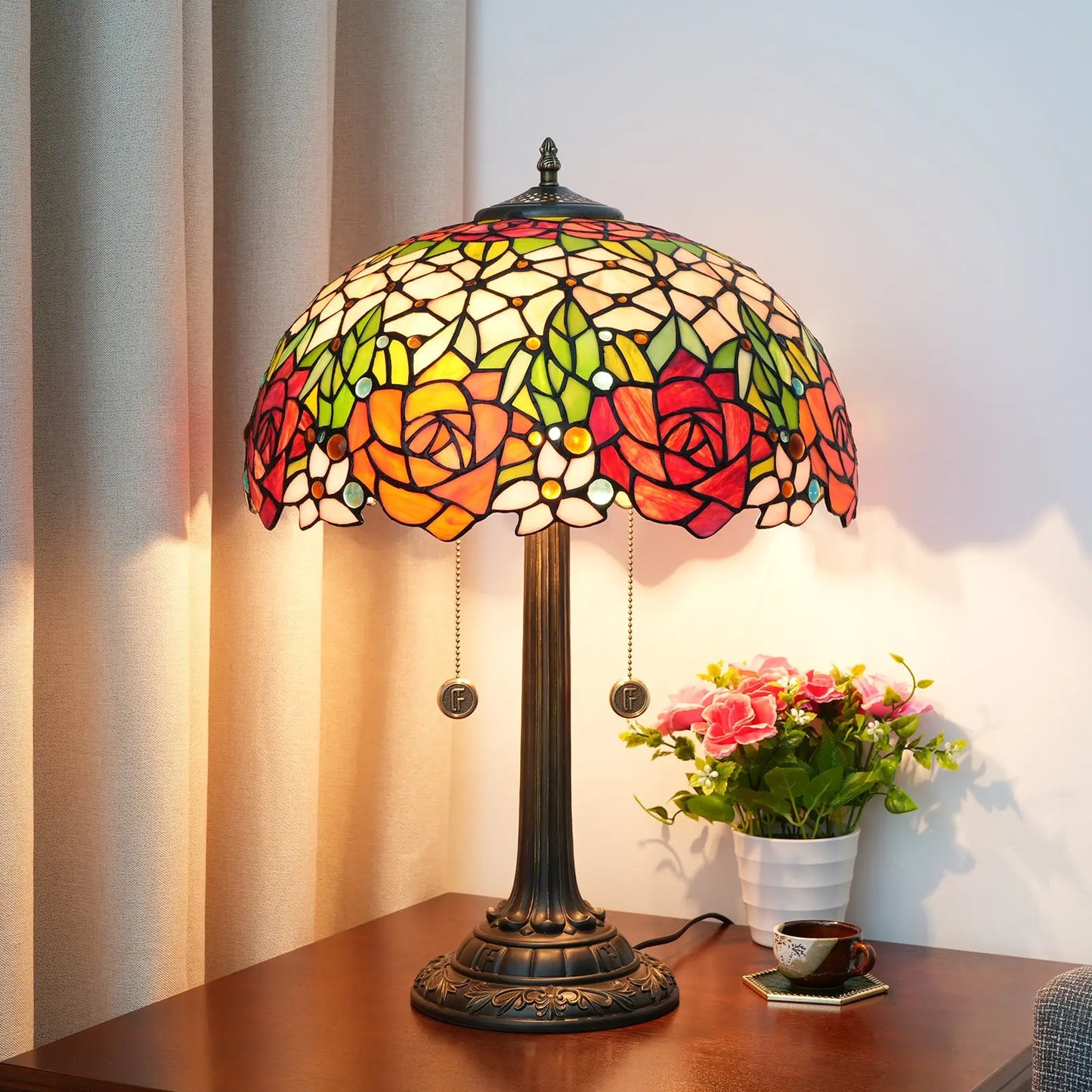 16inch Stained Glass Beautiful Rose Lampshade Bar Bedroom Bedside Light Tiffany Table Lamp - CTL
