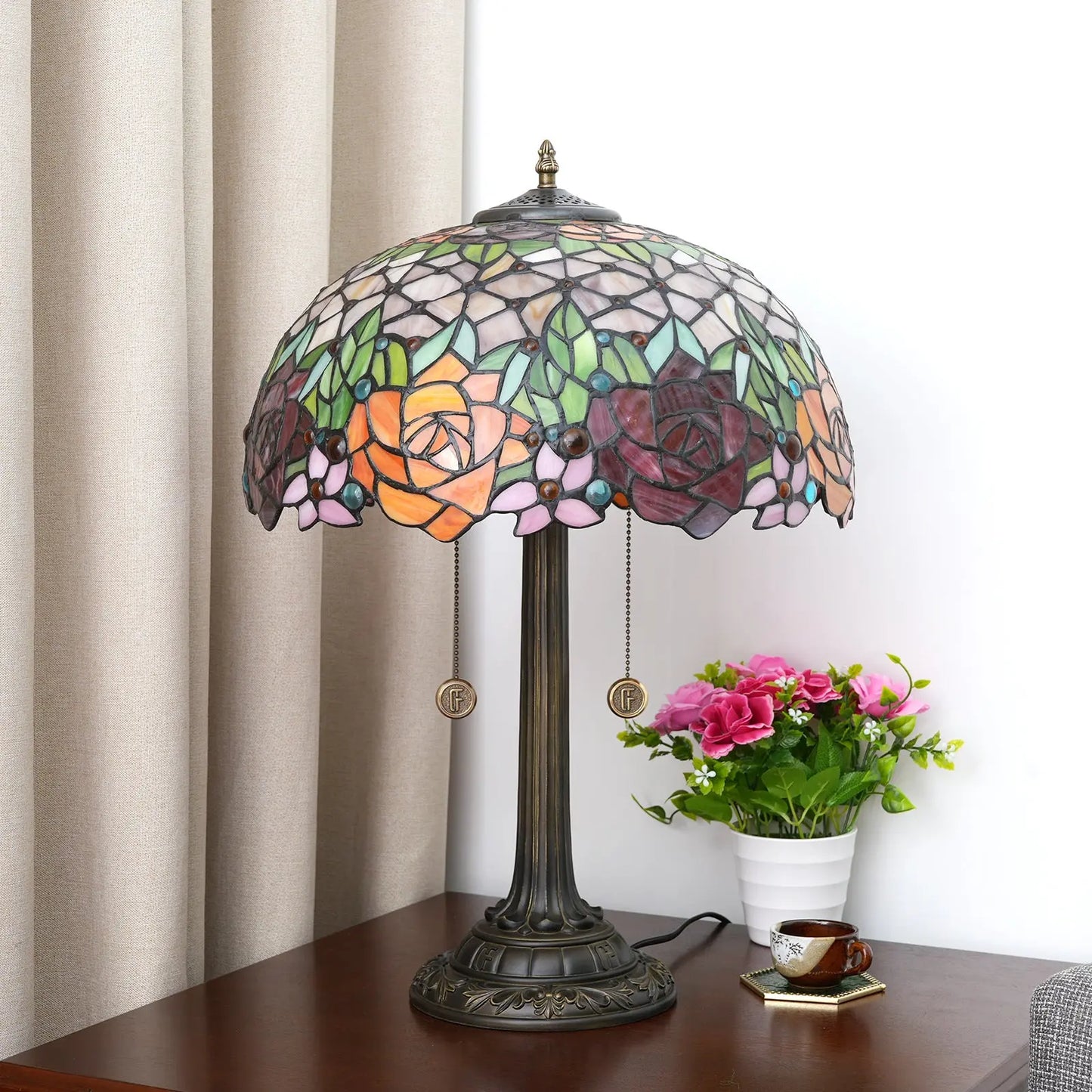 16inch Stained Glass Beautiful Rose Lampshade Bar Bedroom Bedside Light Tiffany Table Lamp - CTL