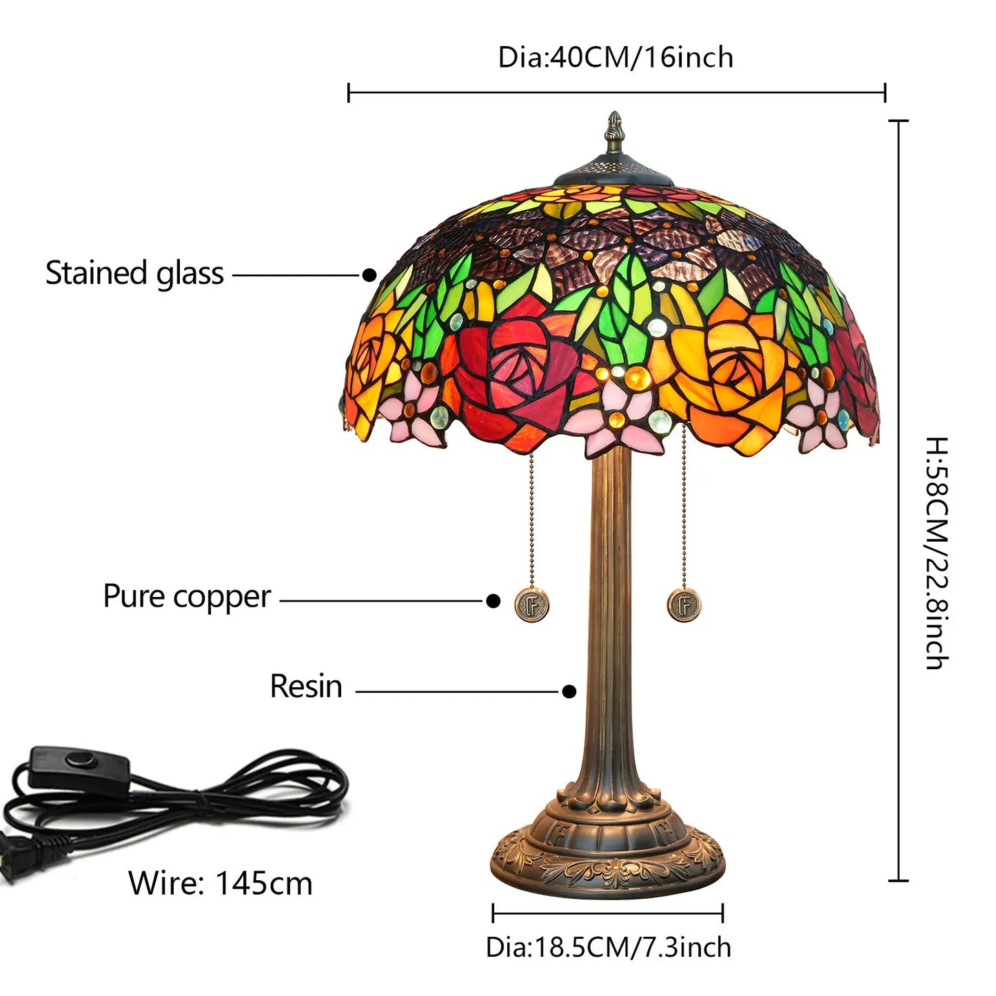 16inch Stained Glass Black-backed Roses Lampshade Vintage Tall Tiffany Table Lamps - CTL