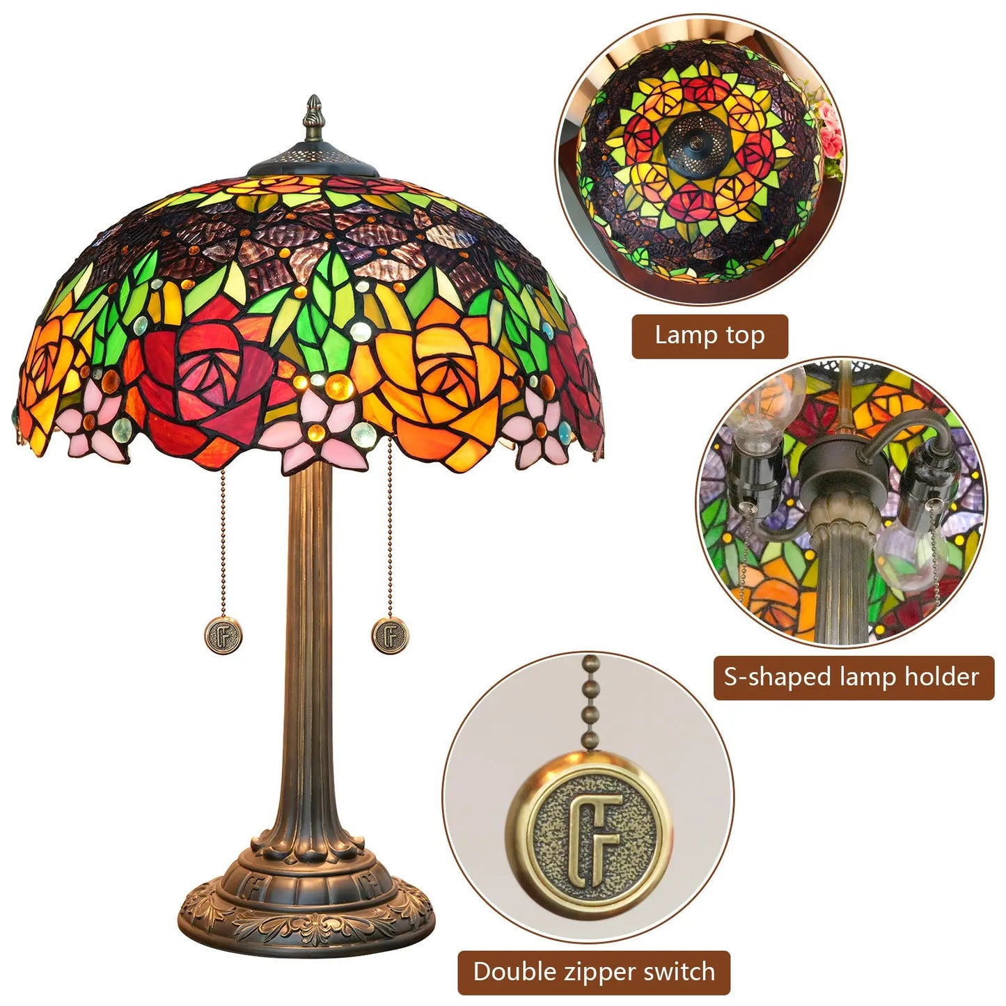 16inch Stained Glass Black-backed Roses Lampshade Vintage Tall Tiffany Table Lamps - CTL