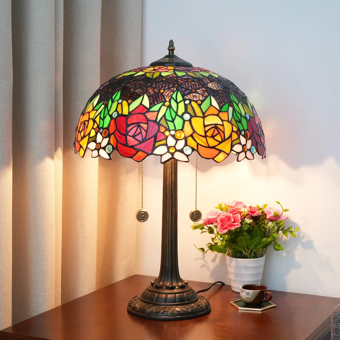 16inch Stained Glass Black-backed Roses Lampshade Vintage Tall Tiffany Table Lamps - CTL