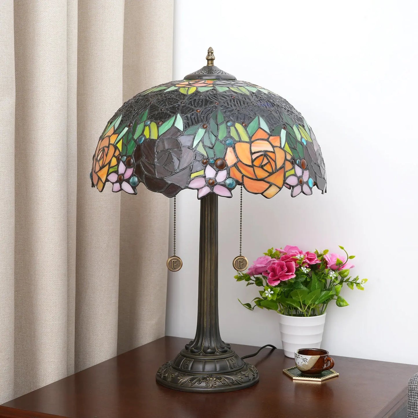 16inch Stained Glass Black-backed Roses Lampshade Vintage Tall Tiffany Table Lamps - CTL