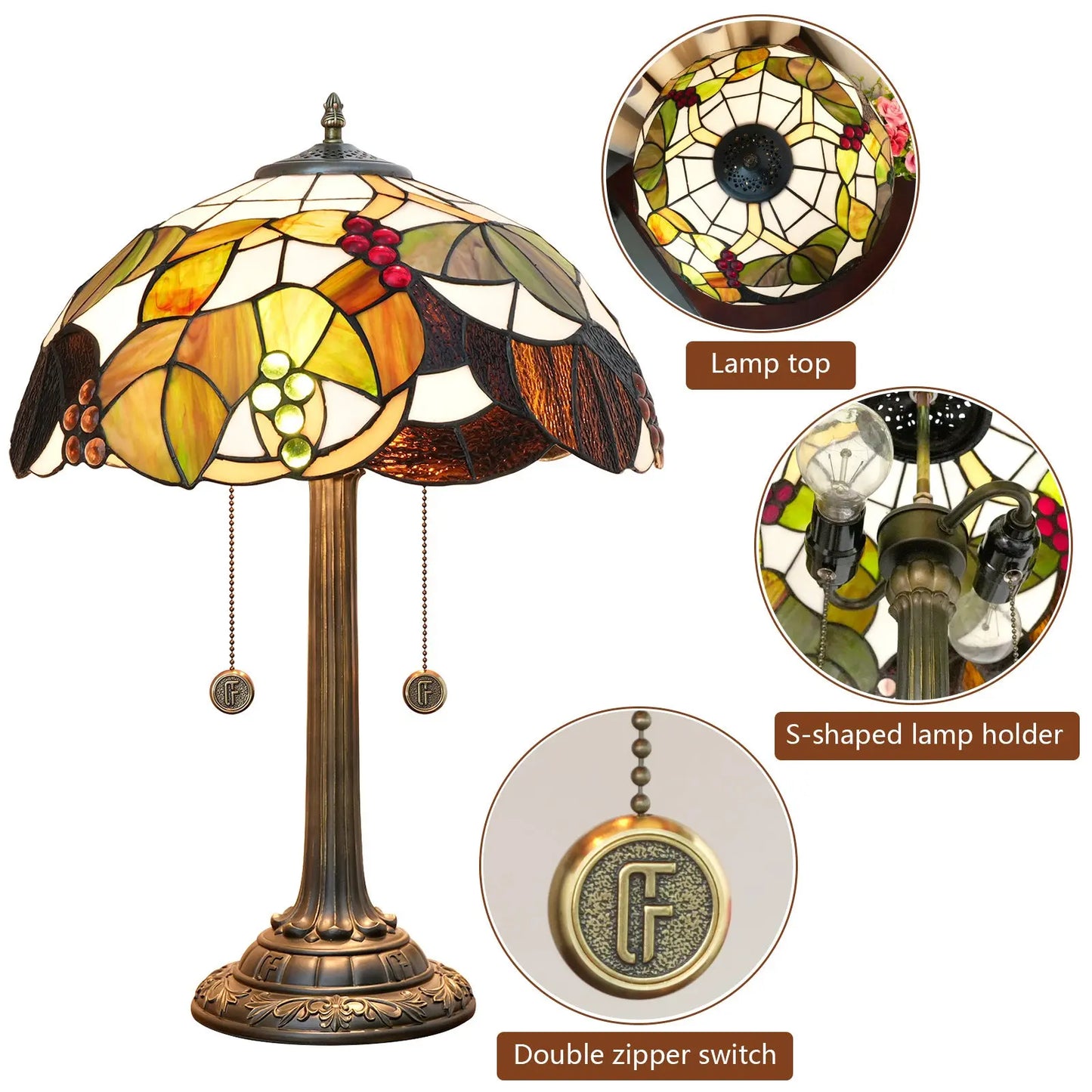16inch Stained Glass Brown Grapes Lampshade Bedside Light Antique Tiffany Table Lamps - CTL