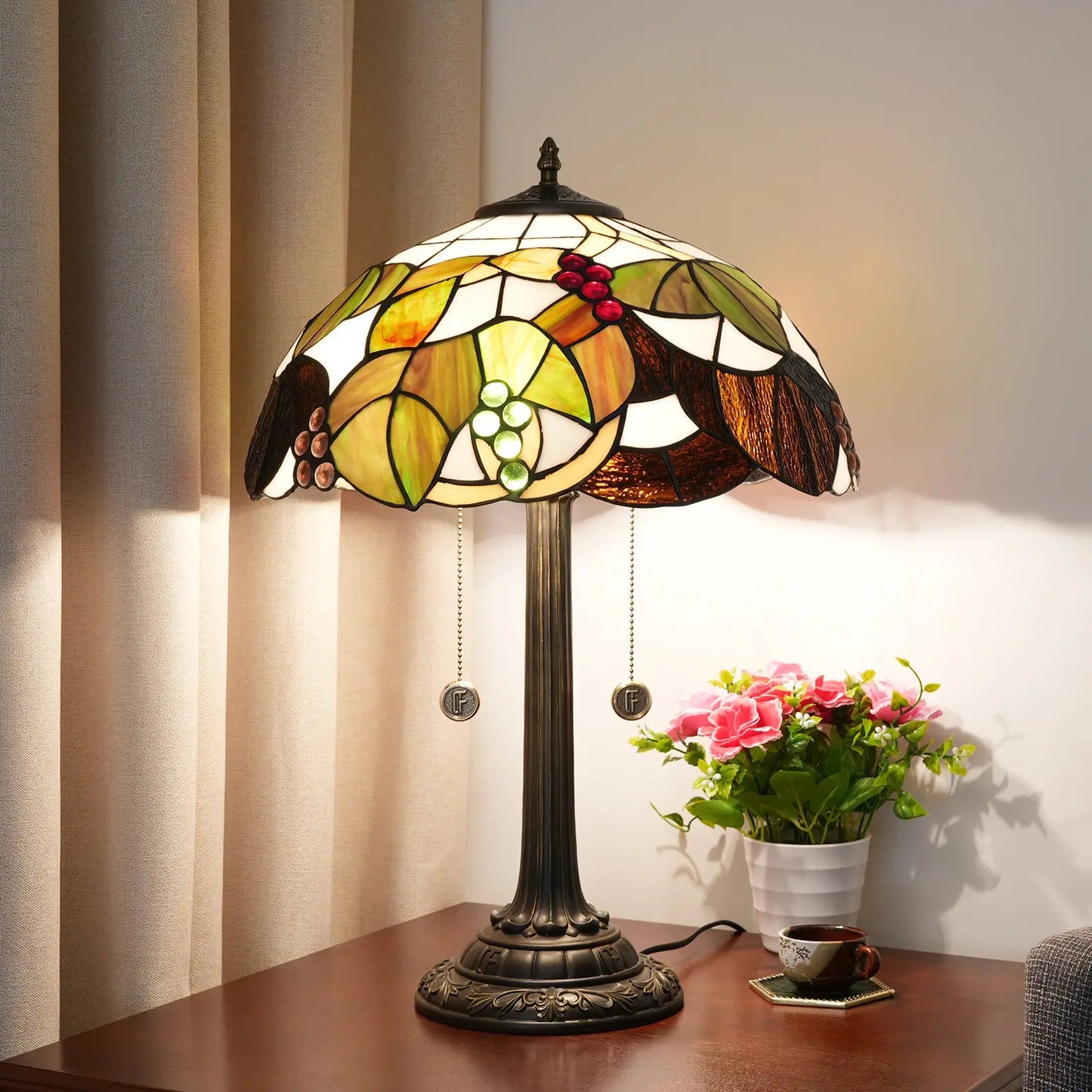 16inch Stained Glass Brown Grapes Lampshade Bedside Light Antique Tiffany Table Lamps - CTL