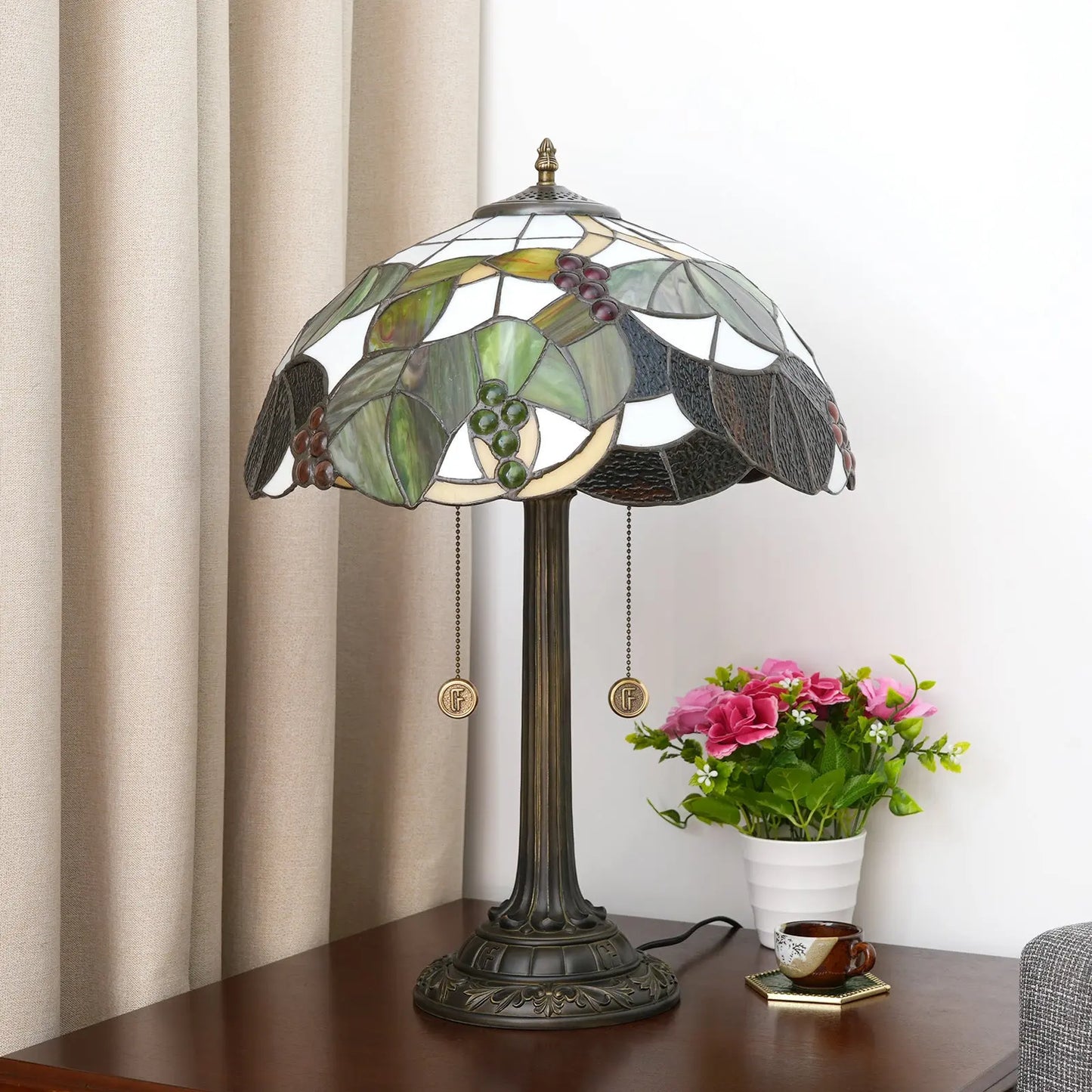 16inch Stained Glass Brown Grapes Lampshade Bedside Light Antique Tiffany Table Lamps - CTL