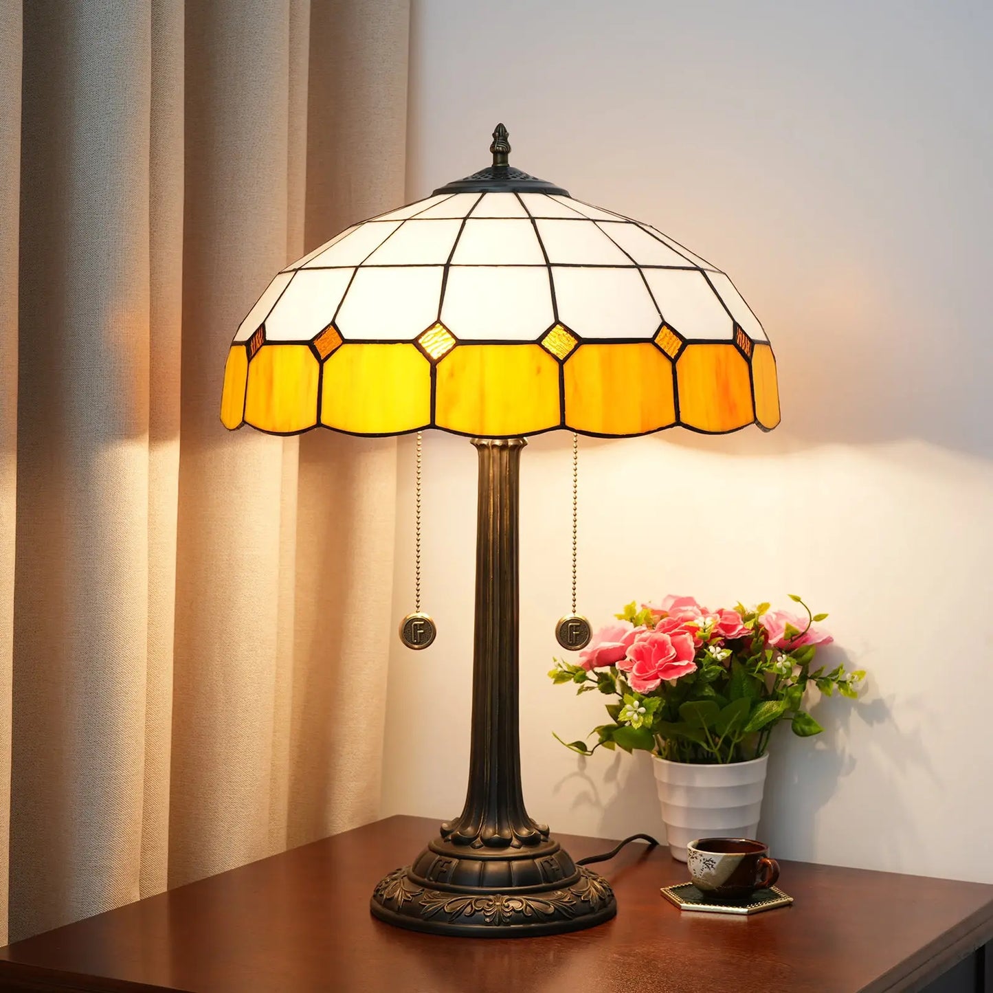16inch Stained Glass Classical Mediterranean Orange Plaid Bar Bedroom Table Lamp - CTL