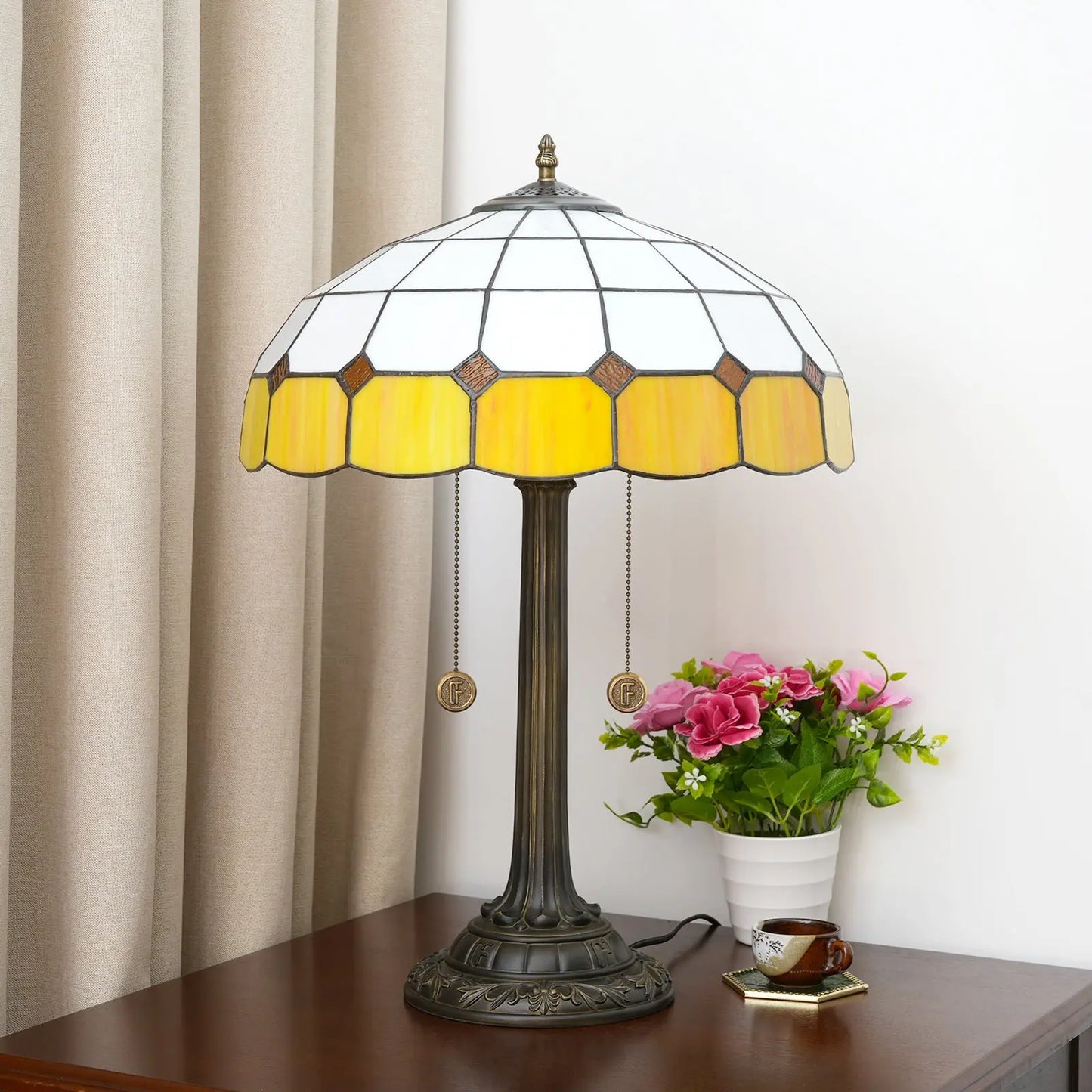 16inch Stained Glass Classical Mediterranean Orange Plaid Bar Bedroom Table Lamp - CTL