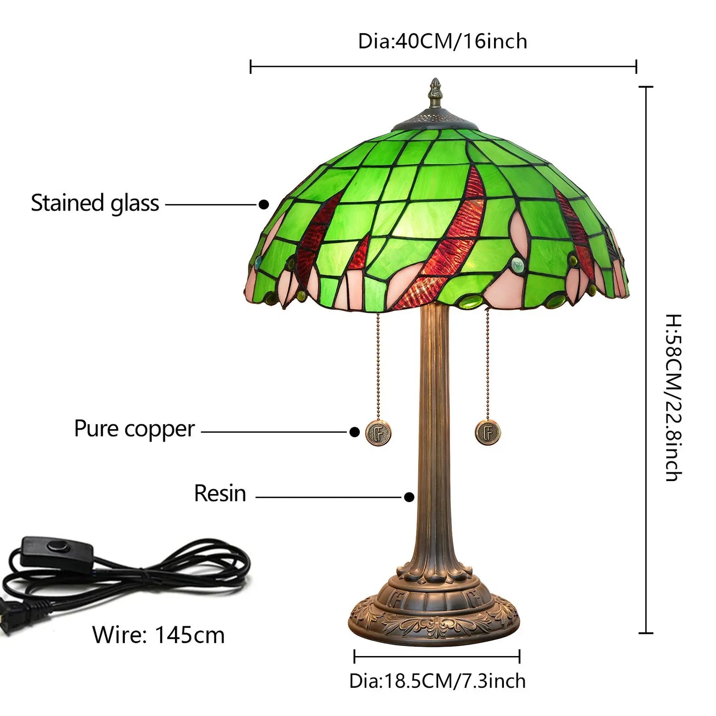 16inch Stained Glass Green Beads Lampshade Vintage Tiffany Desk Lamp - CTL